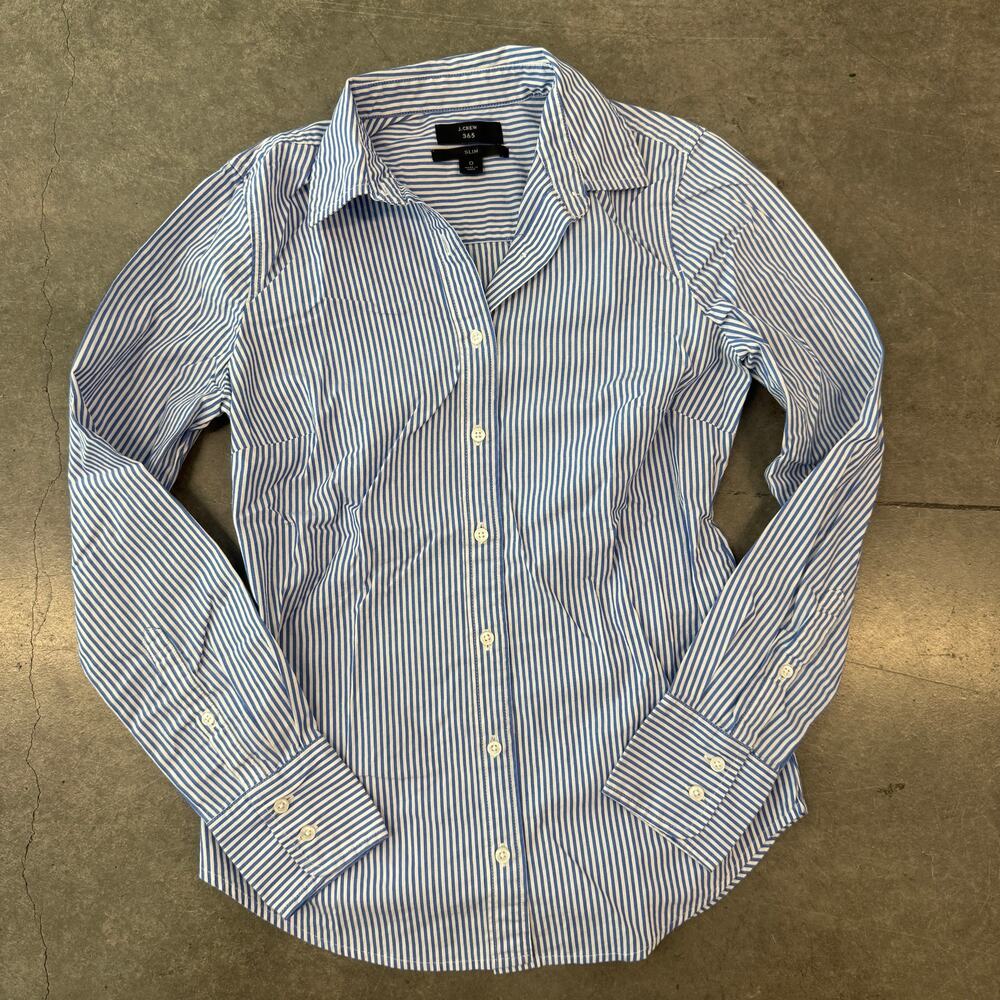 Vintage Y2k J Crew 365 Slim Blue White Pinstripe Preppy Button Down Women's 0